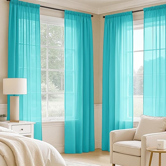 MIULEE Turquoise Sheer Curtains 84 Inches Long, 4 Panels Set, Light Filtering Rod Pocket Voile Drapes for Living Room and Bedroom, Airy Soft Fabric Window Treatments, 42 x 84 Inches