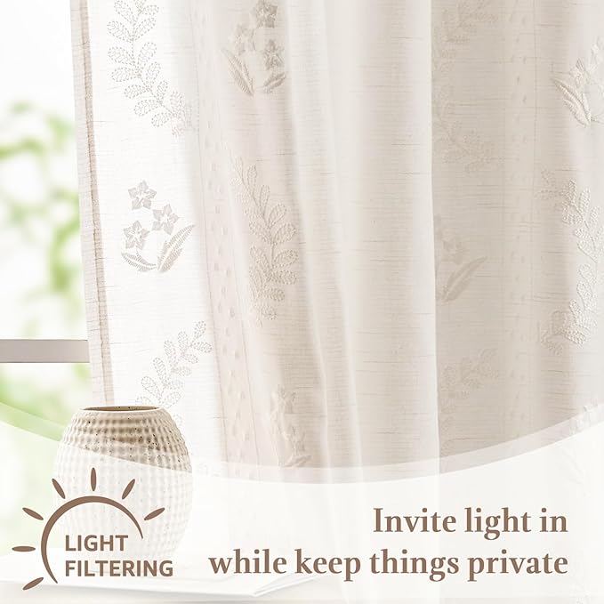 jinchan Belrose Linen Floral Cafe Curtains 45 Inch Length Embroidered Farmhouse Curtains for Kitchen Bedroom Bathroom Small Windows Curtain Set Light Filtering 2 Panels White