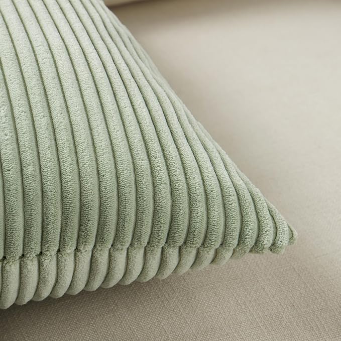 Fancy Homi 2 Packs Sage Green Lumbar Decorative Throw Pillow Covers 12x20 Inch for Living Room Couch Bed, Rustic Farmhouse Boho Home Decor, Soft Striped Corduroy Rectangle Accent Cushion Case 30x50 cm