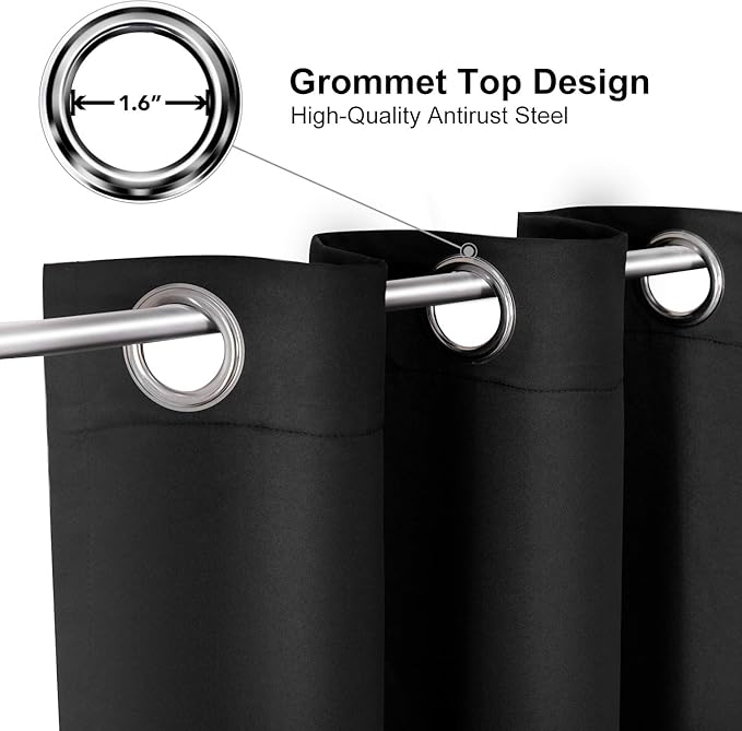 ChrisDowa Grommet Blackout Curtains for Bedroom and Living Room - 2 Panels Set Thermal Insulated Room Darkening Curtains (Black, 42 x 63 Inch)