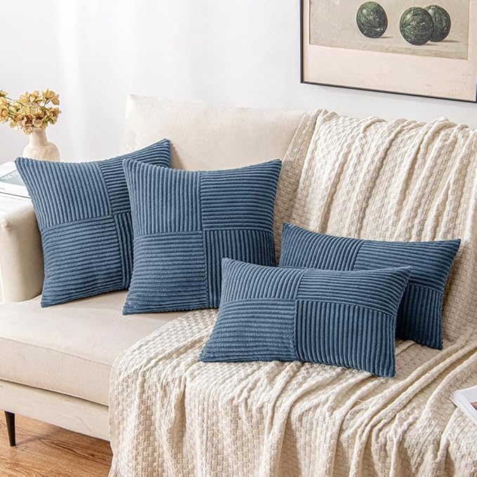 MIULEE Blue Decorative Euro Sham Pillow Covers 24x24 Inch for Bed Couch Sofa Pack of 2 Boho Farmhouse Throw Pillows Soft Cross Corduroy Patchwork Textured Cushion Cases