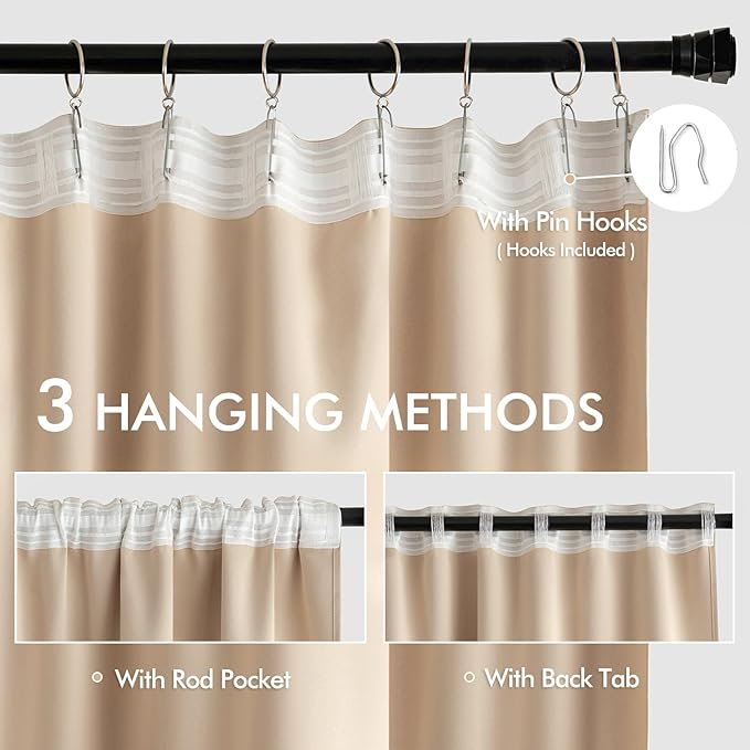 MIULEE Back Tab Beige Curtains 108 Inch Long 2 Panels Set for Living Room Bedroom Privacy, Cream Rod Pocket/Pinch Pleated Light Blocking Extra Long Thermal Insulated Room Darkening Blackout Drapes