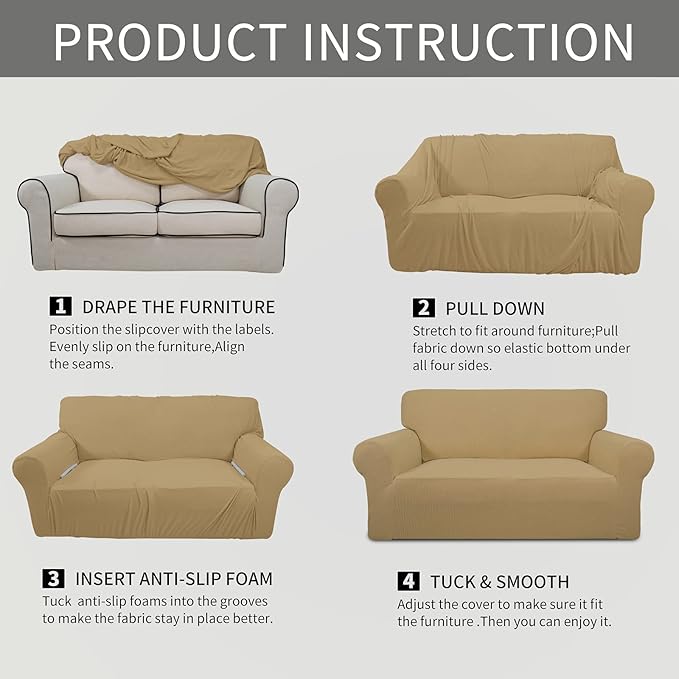 Easy-Going Stretch Oversized Sofa Slipcover 1-Piece Sofa Cover Furniture Protector Couch Soft with Elastic Bottom for Kids, Polyester Spandex Jacquard Fabric Small Checks Golden