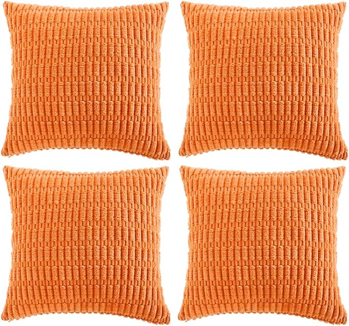 Fancy Homi 4 Packs Orange Fall Decorative Throw Pillow Covers 24x24 Inch for Couch Living Room Bed Sofa, Halloween Pumpkin Autumn Home Decor, Soft Cute Plush Corduroy Striped Cushion Case 60x60 CM
