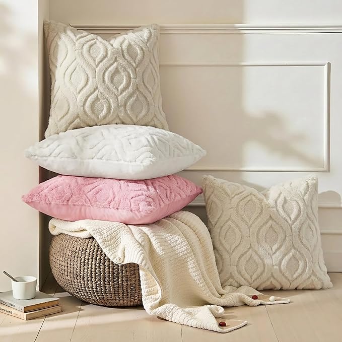 decorUhome Throw Pillow Covers 20x20 Inch Set of 2, Soft Plush Faux Wool Beige Solid Couch Pillow Covers, Accent Farmhouse Neutral Square Pillow Cases for Sofa Bed Living Room