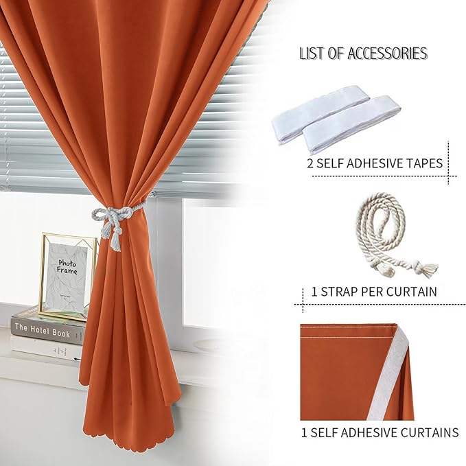 Self Adhesive Curtains Portable Blackout Curtain Simple and Easy to Install Bedroom Window Thermal Lnsulated Kitchen Room Darkening Black Small Drapes, 59" W X 71" L, Orange, 1 Panel