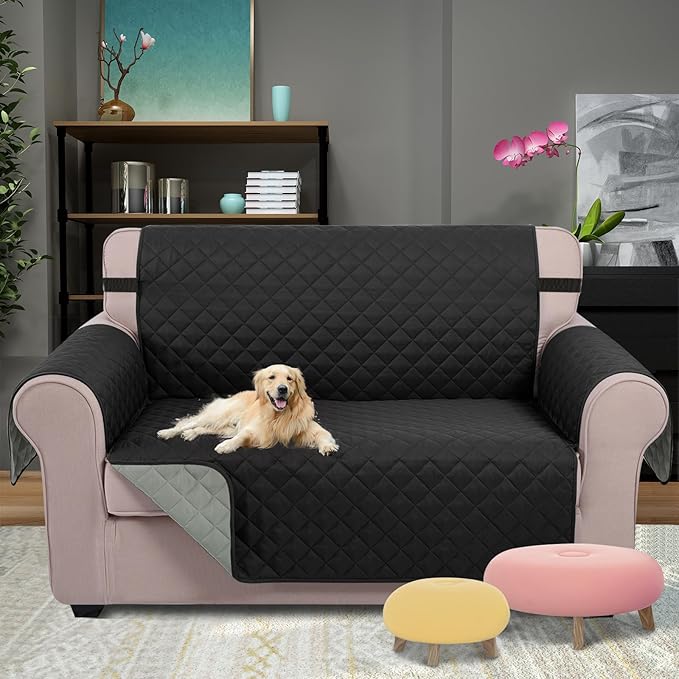 U-NICE HOME Loveseat Sofa Cover Reversible Couch Covers for 2 Cushion Couch for Dogs Furniture Protector Cover with Elastic Straps Water Resistant(Loveseat Small, Black/Grey)