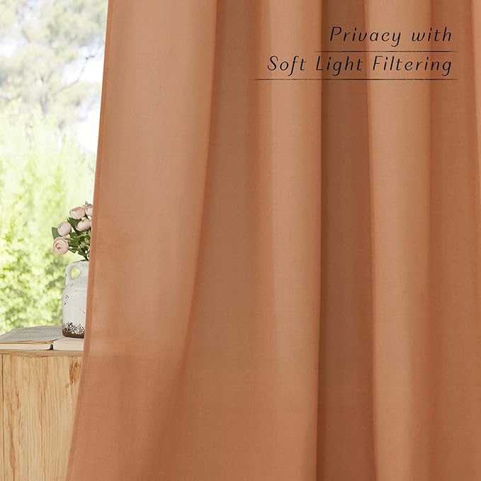 NICETOWN Flax Burnt Orange Linen Curtains for Room Divider, Grommet Top Thick Flax Semi Sheer Vertical Drapes Privacy Assured with Light Filtering for Sliding Glass Door, W68 x L96, 2 Pieces