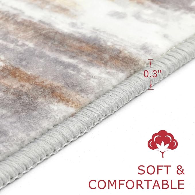 KOZYFLY 2x6 Washable Runner Rug for Hallways & High-Traffic Areas - Non-Slip Kitchen & Entryway Runner, Multi Grey/Orange Abstract Modern Low-Pile Carpet, Perfect for Bathroom