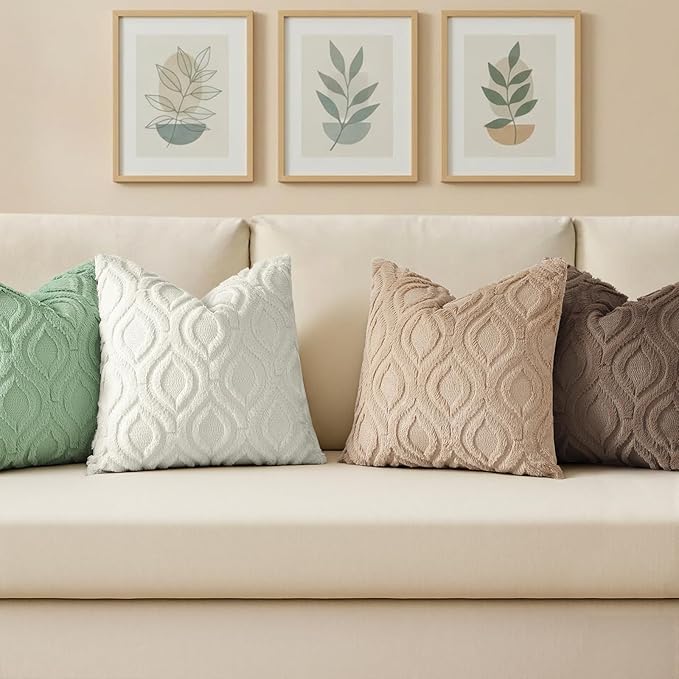 decorUhome Throw Pillow Covers 16x16 Inch Set of 2, Soft Plush Faux Wool Light Khaki Solid Couch Pillow Covers, Accent Farmhouse Neutral Square Pillow Cases for Sofa Bed Living Room