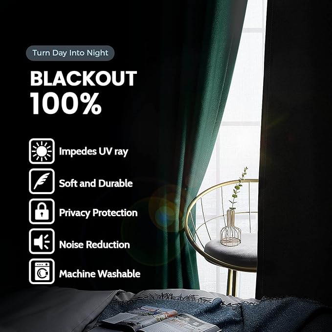 SimpleHome 100% Blackout Curtains for Bedroom,Thermal Insulated Dark Green Grommet Window Drapes Room Darkening Curtains for Living Room with Black Back,38 x 84 Inch,2 Panels