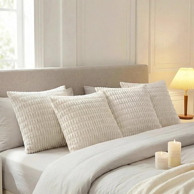 Fancy Homi 4 Packs Boho Cream Decorative Throw Pillow Covers 16x16 Inch for Living Room Couch Bed Sofa, Rustic Modern Farmhouse Home Decor, Soft Plush Corduroy Beige Cute Square Cushion Case 40x40 cm