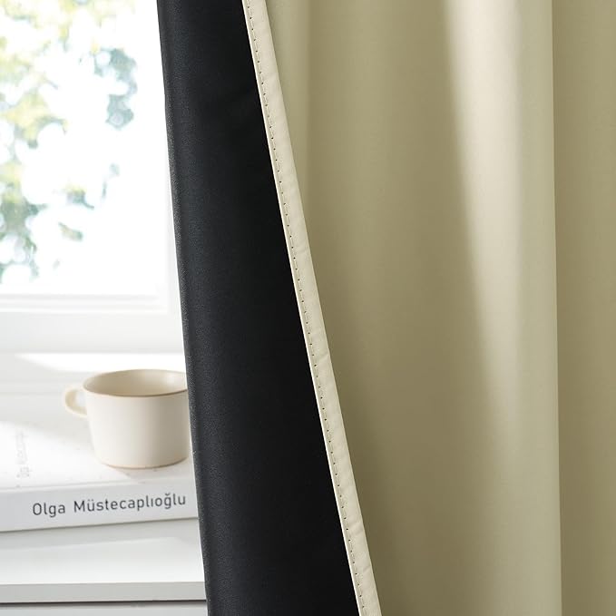 RYB HOME 100% Blackout Basement Curtains 24 inches Long, Heat & UV Blocking Total Room Darkening Noise Reducing Curtains for Bathroom RV Campers, Beige, 2 Panels Set