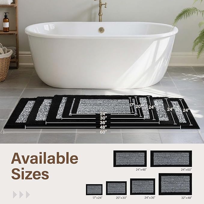 48x24 Long Bathroom Rugs Washable Non Slip, Black Bath Mat for Bathroom Floor Tub, Soft Absorbent Quick Dry Mats for Shower,Bathtub,Home Decor