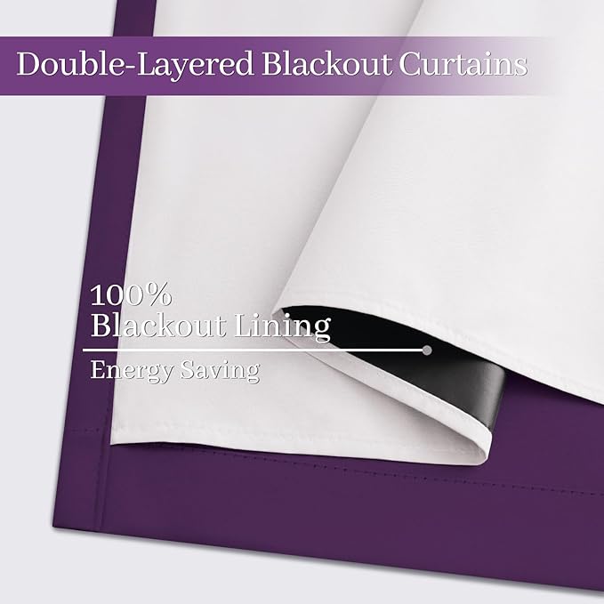 Yakamok Room Darkening 100% Blackout Curtains Grommet Window Treatments with 2 Thick Layers-Purple Thermal Insulated Drapes Set of 2 Panels for Bedroom Living Room 52 Inches by 84 Inches Length