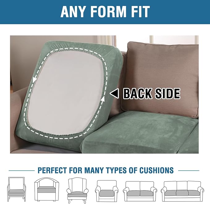 H.VERSAILTEX Velvet Stretch Couch Cushion Cover Plush Cushion Slipcover for Chair Loveseat Sofa Cushion Furniture Protector Seat Cushion Sofa Cover (3 Piece Sofa Cushion Covers, Sea Grass)