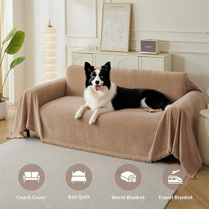 Couch Cover for Dogs, Boho Sofa Covers for 3 Cushion Couch, Chenille Sofa Slipcover for Pets Washable, L-Shape Sectional Couch Cover Soft Throw Blankets with Tassels(91x118,Khaki)