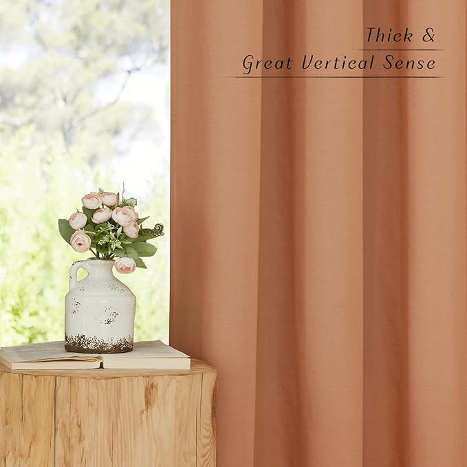 NICETOWN Flax Linen Curtains 108 inches Long for Large Windows, Ring Top Privacy with Light Filtering Linen Blend Drapes for Bedroom/Living Room, Burnt Orange, W55 x L108, Set of 2