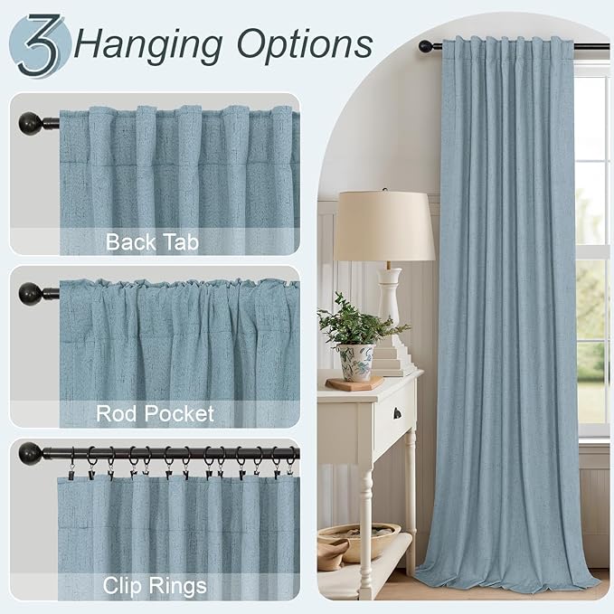 Slate Blue Curtains 108 Inches Long 2 Panel Burg 100% Blackout Boho Linen Textured Darkening Thermal Insulating Ceiling to Floor Length Drapes Dusty Blue Grey Curtain for Bedroom Living Room Divider