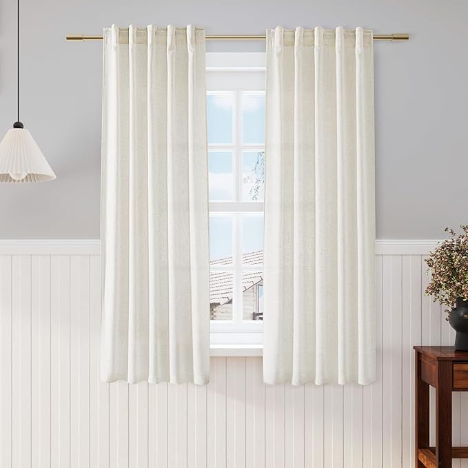 Nanspring 60 Inch Length Linen Curtains Cream Semi Sheer Light Filtering Back Tab and Rod Pocket Neutral Curtains for Bedroom Living Room 34 x 60 Inch,2 Panels
