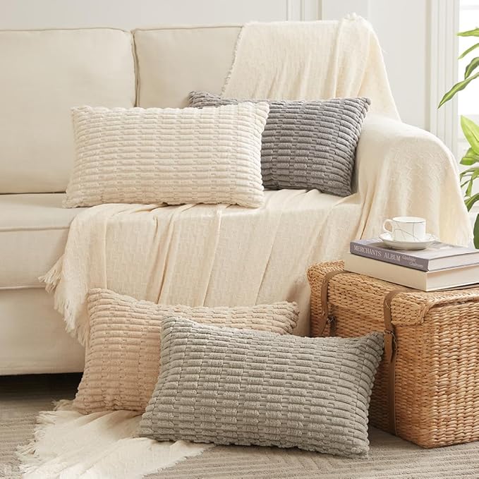 Fancy Homi 4 Packs Taupe Decorative Throw Pillow Covers 22x22 Inch for Living Room Couch Bed, Rustic Modern Farmhouse Boho Home Decor, Soft Plush Corduroy Cute Square Accent Cushion Case 55x55 cm