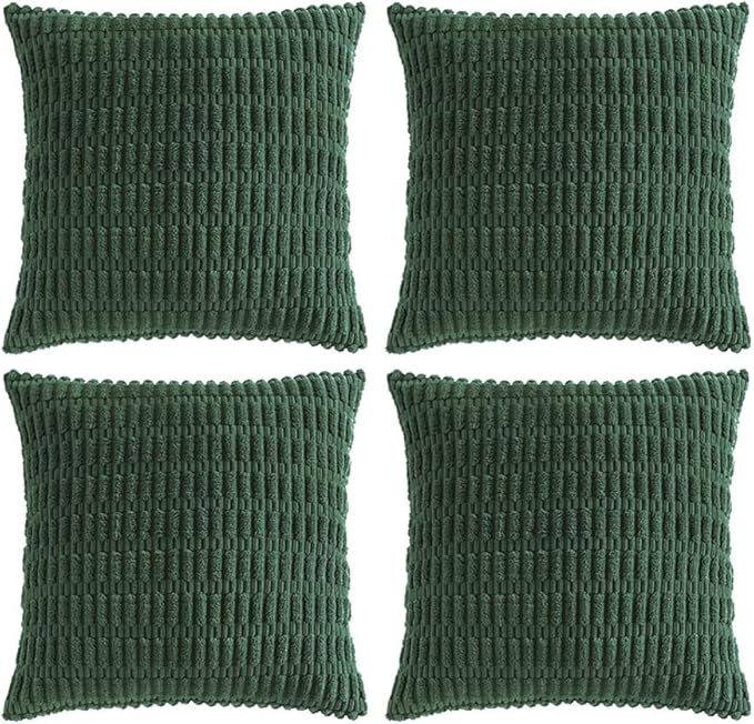 Fancy Homi Set of 4 Dark Green Boho Decorative Throw Pillow Covers 16x16 Inch for Couch Bed Sofa, Aesthetic Modern Bohemian Room Decor, Soft Fuzzy Fluffy Cozy Corduroy Textured Cushion Case 40x40cm