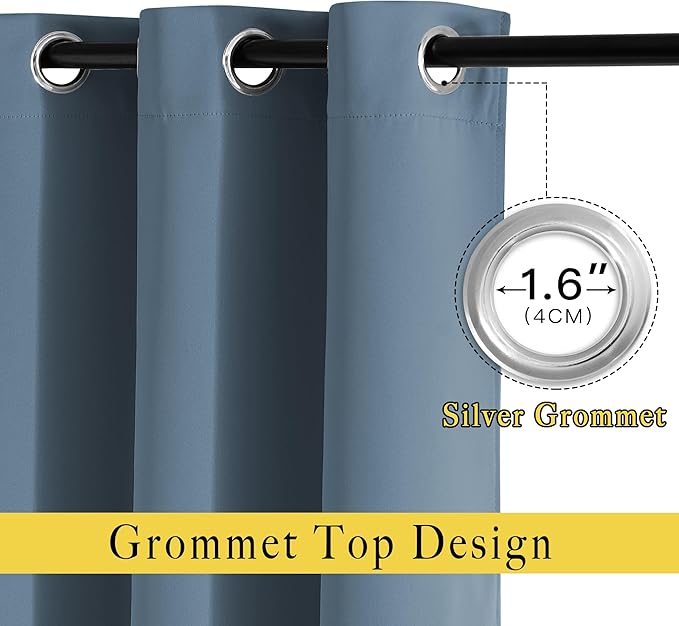 NICETOWN Blackout 72 inch Curtains for Kids Room, Grommet Room Darkening Thermal Insulated Solid Window Treatments Sound Reducing for Bedroom, 2 Panels, W37 x L72, Smoky Blue