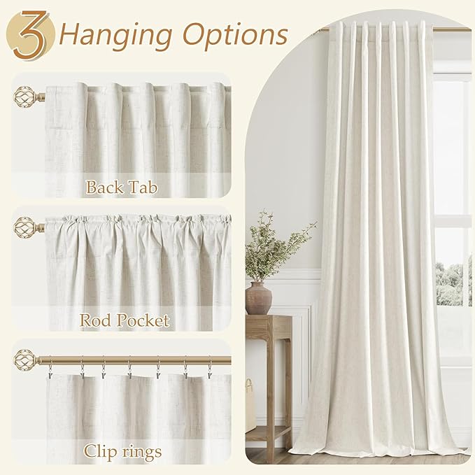 Guken Cream 100% Blackout Linen Curtains 60 Inch Wide by 96 Inch for Living Room Bedroom Back Tab/Rod Pocket Thermal Insulated Black Out 1 Drapes Room Darkening Window Curtains 1 Panel,60x96