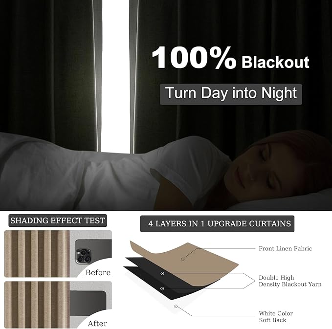 Topfinel 94 Inches Long Taupe Flax Custom Blackout Linen Curtains, Viral Ivory Pinch Pleated Noise Cancelling Curtains with Pin Hooks for Traverse, Burlap Viral Drapes 2 Panels for Living Room