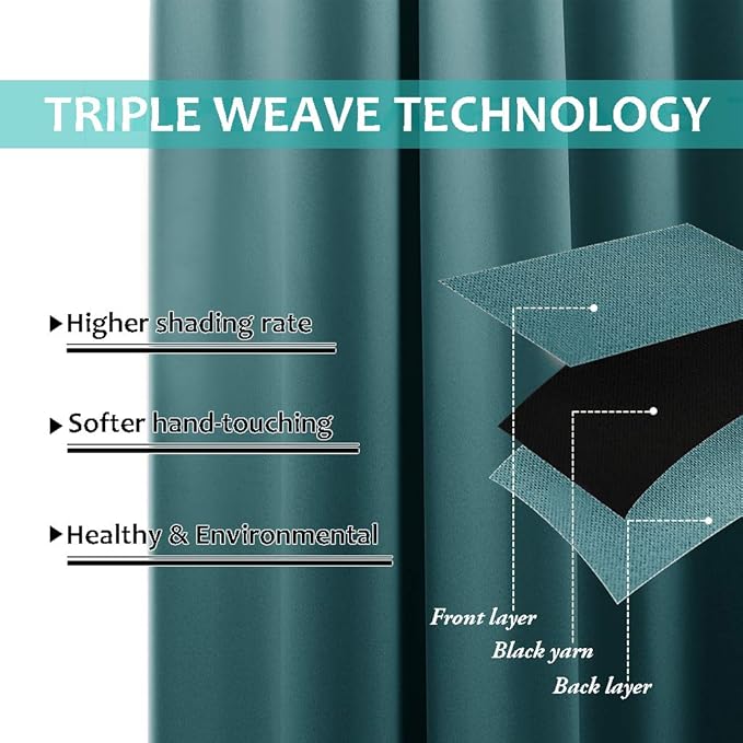 NICETOWN 100% Blackout Short Curtains with Black Liners, 2 Panels, 37" W by 60" L, Sea Teal, Solid Thermal Insulated Full Blackout 2-Layer Lined Drapes, Energy Efficiency Window Draperies for Bedroom