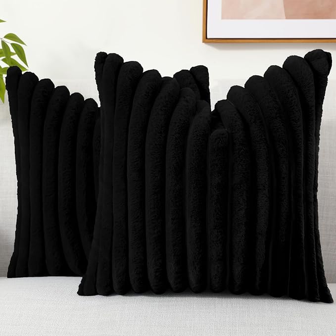 decorUhome Cozy Faux Fur Throw Pillow Covers 26x26 Set of 2 Decorative Soft Plush Striped Modern Farmhouse Boho Couch Euro Sham Pillow Cases with Velvet Back for Sofa Bed Living Room, Black