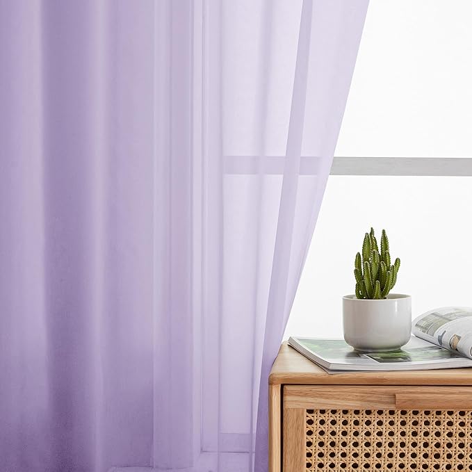 OWENIE Light Purple Sheer Curtains 54 Inch Length 2 Panels Set, Rod Pocket Voile Sheer Curtains & Drapes for Bedroom/Living Room, Soft Sheer Short Curtains for Windows, Total 84Wx54L inch, Lavender