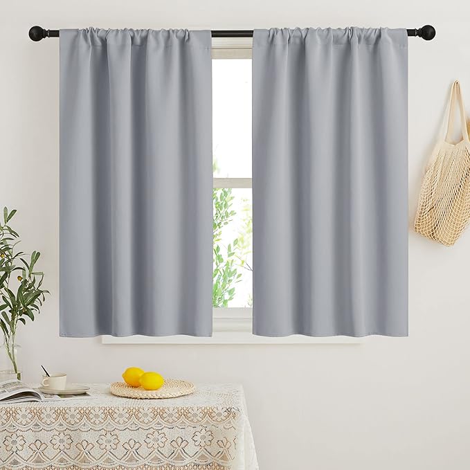 RYB HOME Short Blackout Curtains for Bedroom, Room Darkening Insulated Summer Heat Light UV Blocking Energy Saving Drapes for Nursery, Width 34 by Length 48, Silver Grey, Set of 2