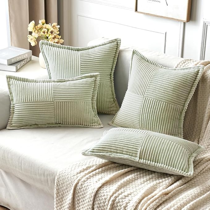 MIULEE Spring Decorative Lumbar Throw Pillow Covers for Couch Bed Livingroom 12x20 Inch Set of 2 Light Green Boho Accent Throw Pllows Broadside Striped Patchwork Soft Corduroy Summer Pillowcases