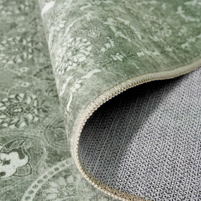 2x5 Washable Hallway Runner Rug - Non Slip Kitchen Runner Rugs with Rubber Backing Vintage Low-Pile Carpet Runners for Entryway Dining Room Laundry Room Home Decor (Muted Sage Green)