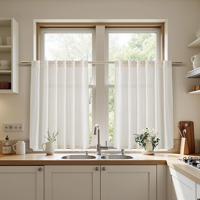 Nanspring Kitchen Curtains Sets for Windows 36 Inch Length Linen Blend Cream Small Cafe Curtains Semi Sheer Farmhouse Curtain Back Tab and Rod Pocket Drapes for Basement 25 x 36 Inch, 2 Panels