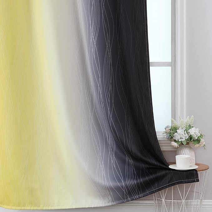 Estelar Textiler Black and Yellow Blackout Curtains 45 Inch Length, Full Light Blocking Gradient Grommet Drapes for Kitchen, Thermal Insulated Ombre Curtains for Bedroom, 42Wx45L, 2 Panels
