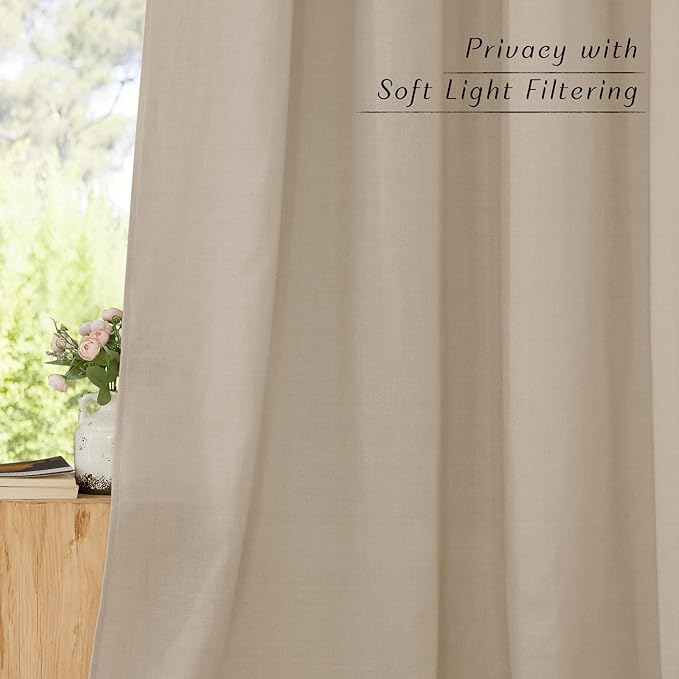 NICETOWN Linen Flax Semi Sheer Curtains 94" Length, Grommet Window Treatments Privacy Added with Light Penetration Vertical Drapes for Loft/Home Office, Taupe, W55 x L94, 2 Panels