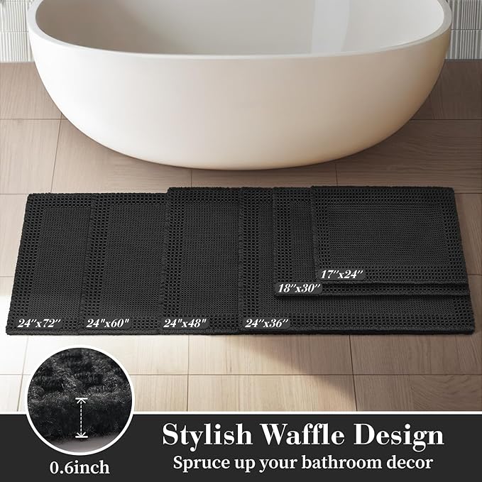 RESARE Waffle Bathroom Runner Rugs, Super Absorbent Bath Mat Non Slip Washable Quick Dry, Upgraded Ultra Soft Boho Bath Rugs with Tassels for Hallway Bedroom Laundry Room, 2'x6'(24"x72"), Black