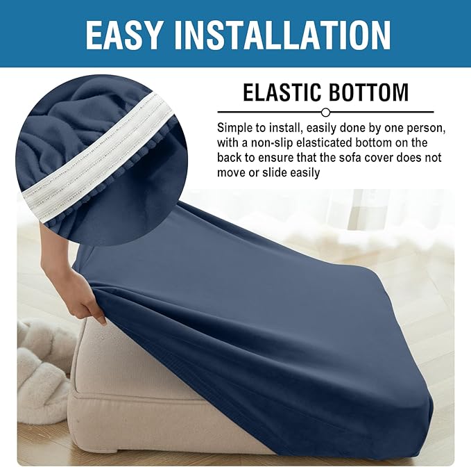 Couch Cover 8-Piece Elastic Velvet Couch Cushion Covers & Chaise Slipcovers for L-Shaped Sofas, Sofa Seat Covers Washable, Soft Cover for Couches (7 Seater + Chaise, Berlin Blue)