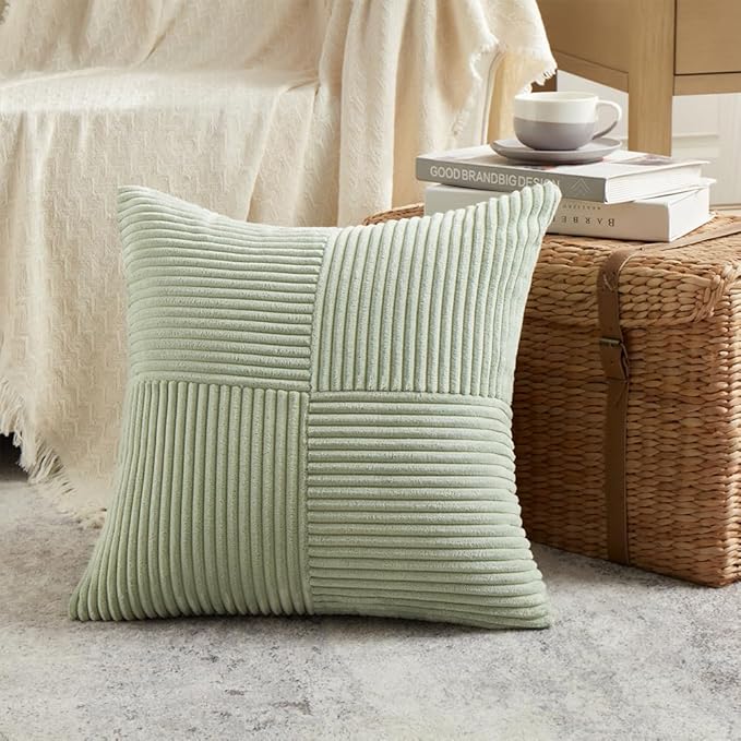 Fancy Homi 2 Packs Sage Green Decorative Throw Pillow Covers 20x20 Inch for Living Room Couch Bed Sofa, Farmhouse Boho Home Decor, Soft Corss Corduroy Patchwork Accent Square Cushion Case 50x50 cm