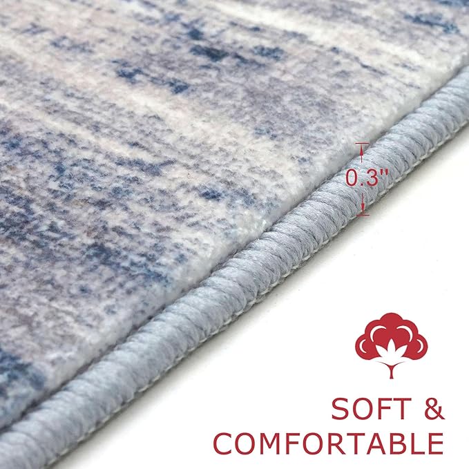 KOZYFLY Modern Abstract Washable Rug Runner 2x5 Hallway Rug Runner Non-Slip Soft Kitchen Runner Rugs, Grey-Blue Striped Carpet for Entryway Bathroom Laundry Room Foyer