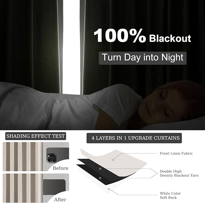 Topfinel Boho Farmhouse Black Out Linen Curtains 84 Inch Length 2 Panels Set for Bedroom Living Room, Greige Insulating Winter Room Divider Curtains Neutral Burlap Drapes 7FT Long Pleated Back Tab