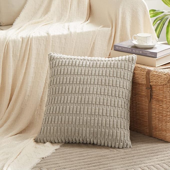 Fancy Homi 4 Packs Neutral Decorative Throw Pillow Covers 22x22 Inch for Living Room Couch Bed Sofa, Rustic Farmhouse Boho Home Decor, Soft Plush Striped Corduroy Square Cushion Case 55x55 cm