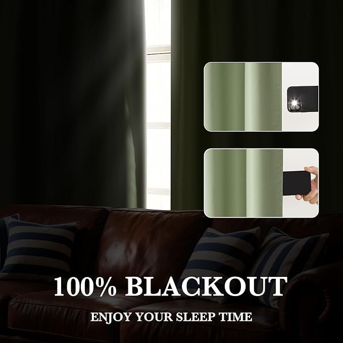 RYB HOME 100% Blackout Short Curtains for Small Window, Thermal Insulated Total Room Darkening Noise Reducing Curtains for Kitchen Bathroom Basement, 42 inches Wide by 36 inches Long, Sage Green