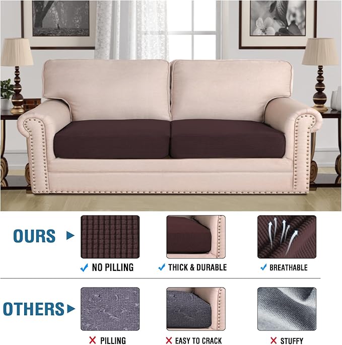 H.VERSAILTEX Super Stretch Individual Seat Cushion Covers - Thick Jacquard Textured Twill Fabric (2 Piece Large Sofa Cushion Covers, Chocolate)