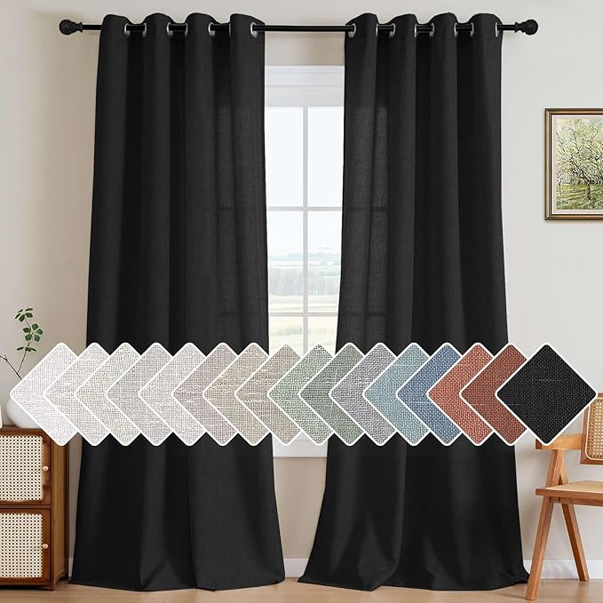 H.VERSAILTEX Living Room Linen Curtains Home Decorative Nickel Grommet Curtains Privacy Added Energy Saving Light Filtering Window Treatments Panels for Bedroom, Heather Black, 2 Panels, 52 x 96 Inch