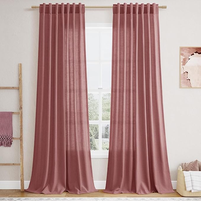 Canyon Rose Linen Curtains for Living Room 98 Inches Long Light Filtering Semi Sheer Curtain Back Tab Modern Farmhouse Decor Elegant Luxury Boho Girl Drapes for Bedroom Dinner Room 52x98, 2 Panels