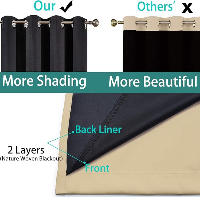 Yakamok Beige 100% Blackout Curtains, Thermal Insulated Total Blackout Drapes for Bedroom, Heat Blocking Window Curtains for Living Room(52Wx84L, 2 Panels)