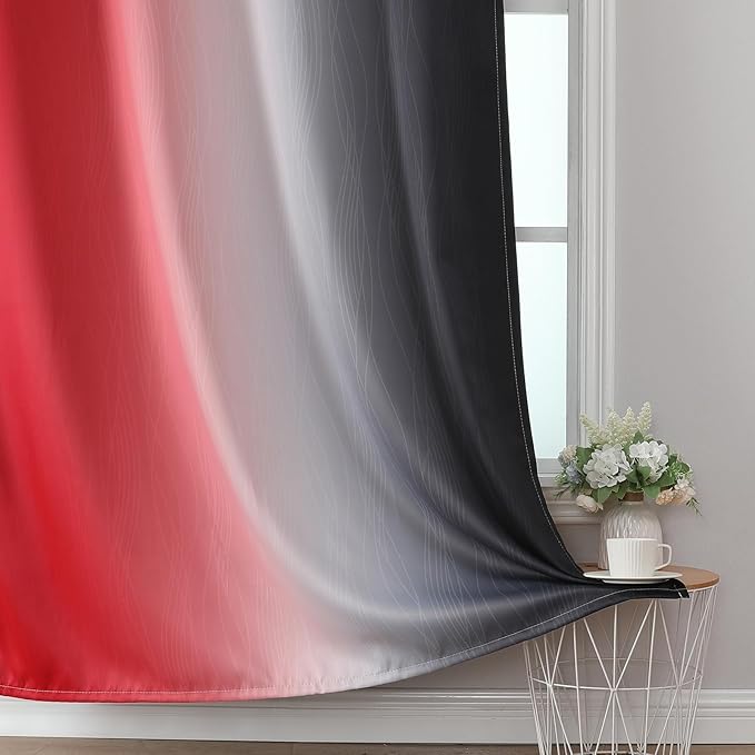 Estelar Textiler Ombre Red and Black Curtains 45 Inch Length 2 Panels, 100% Blackout Curtains for Living Room, Grommet Thermal Insulated Drapes, Full Light Blocking Curtains for Bedroom, 52x45 Inch